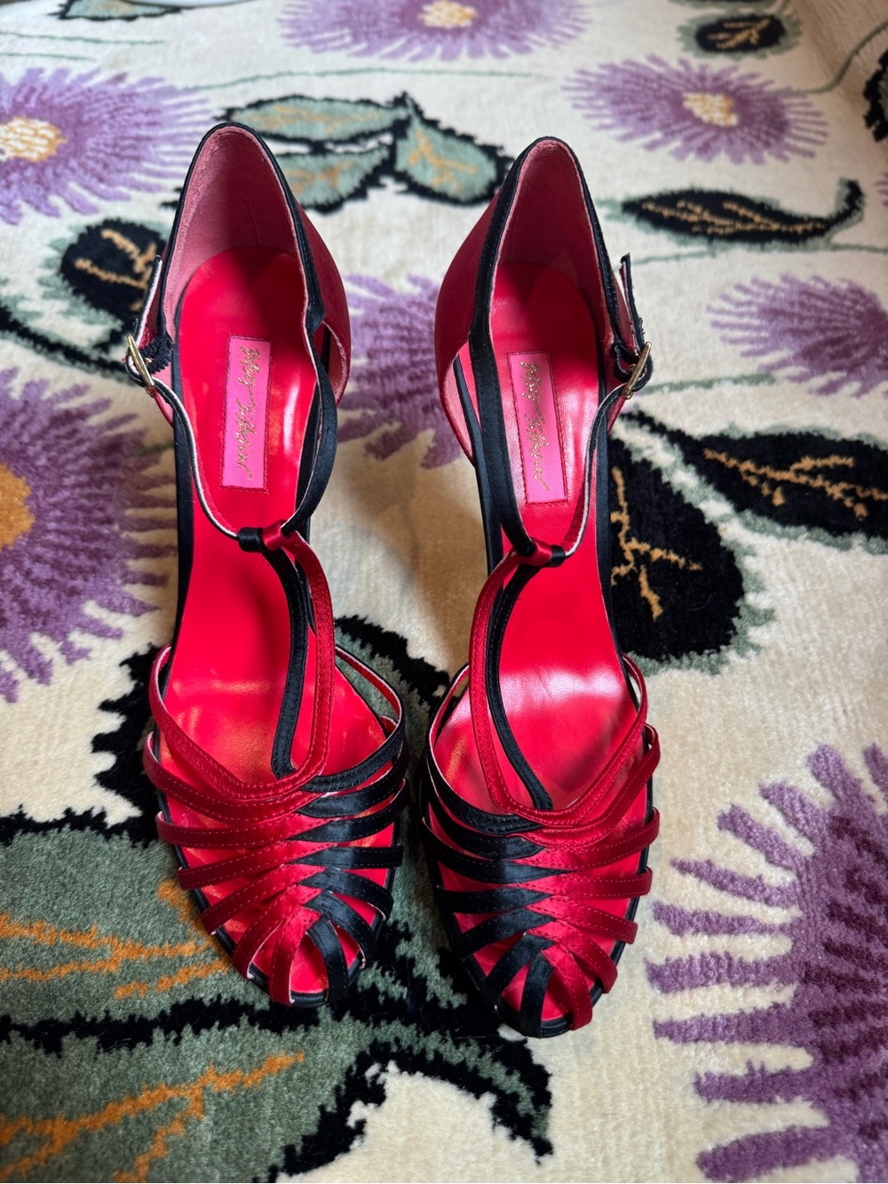 Betsey Johnson Red and Black Satin Strappy T‑Strap Heels